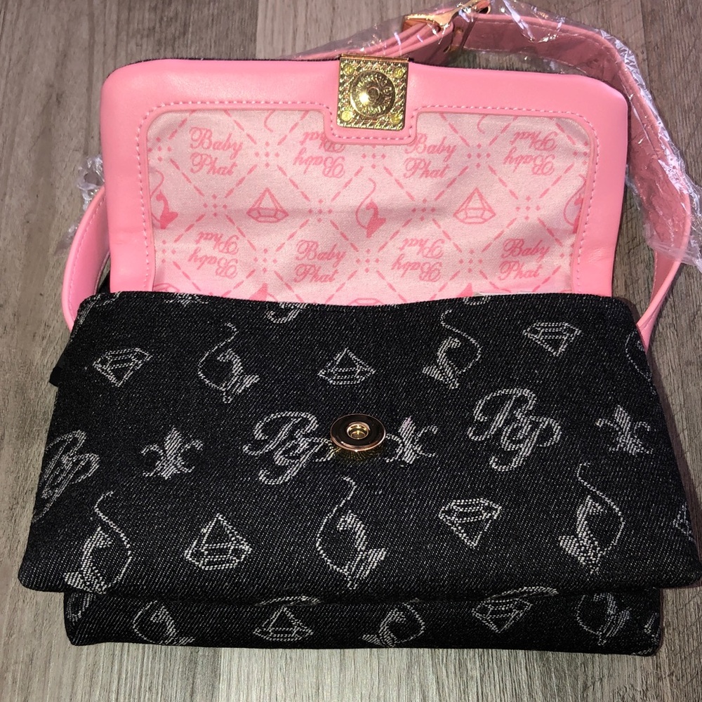 Baby Phat Black Denim & Pink With Monogram Print Flap Shoulder Bag NWT - Picture 10 of 16